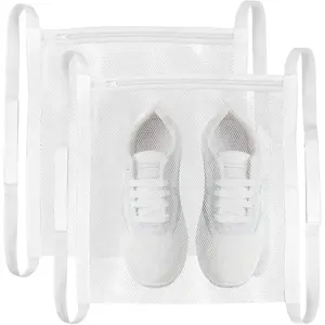 2 Pack Sneaker Dryer Bag 15.7x15.7 Inch Dry Net Bag for Dryer with Zipper and Strap for Shoes, White Large HoneyComber Mesh Bags for Washing Machine