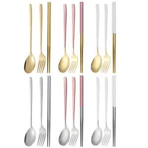 3-Piece Stainless Steel Cutlery Set with Storage Box, Korean Style Soup Spoon Fork Chopsticks, High-Quality Travel Tableware for Parties Weddings Hotels Restaurants Kitchen Gifts