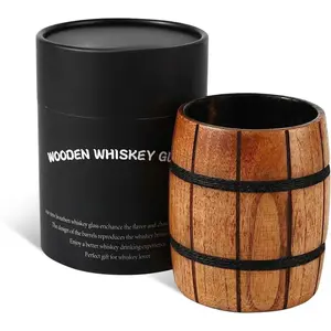 Barrel-Shaped Charred Wooden Whiskey Glass, Old Fashioned Wooden Bourbon Drinking Glass, Whiskey Bourbon Gifts Accessories for Men Dad Stylish Drinkware
