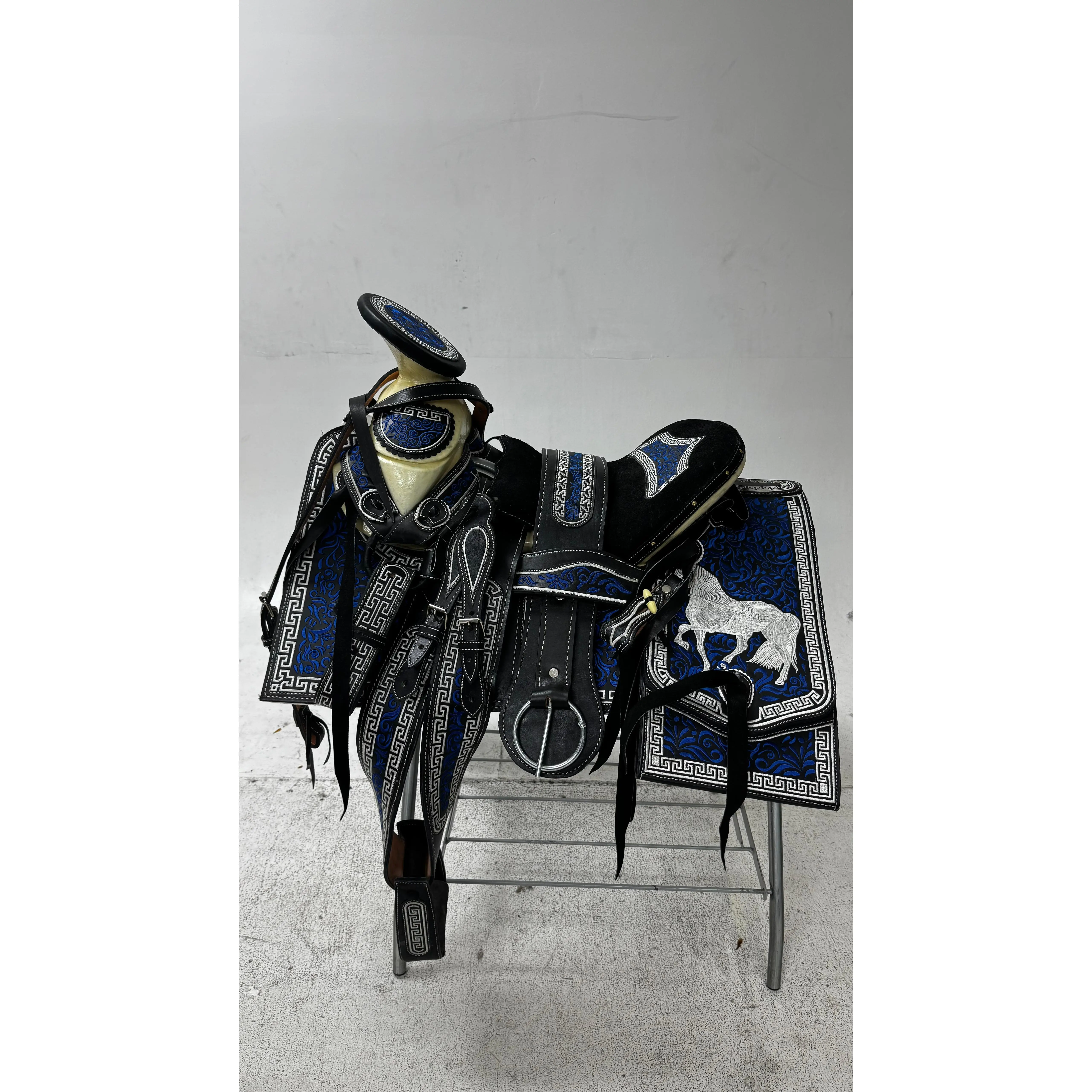 Charro Saddle – Black Suede with Blue Embroidery (15.5”) “El Diamante Azul”
