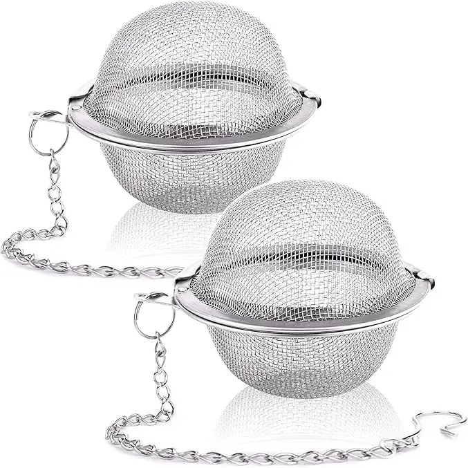 2-Piece 304 SS Metal Tea Infuser Set - 2.1 in Dia, Ball Shape, Fast-Opening Clasp, Durable Mesh, Repeated Brewing Compatibility, Clean Cup Finish, Strainer for Loose Leaf Spices & Herbs, Kitchen Accessory