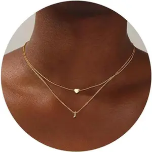 18K Gold Plated Stainless Steel Layered Heart Initial Necklace Personalized Tiny Letter Choker Necklace Monogram Name Necklace for Women