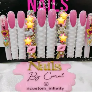 5XL Moon Cut Square Nails by Carol - Decorated with Stars, Hearts, and Jewels for a Glamorous Look