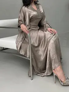 New Middle Eastern Muslim Modest Women's Fashion Rhinestone Abaya, Daily Commute Simple Apricot Loose Comfortable Robe