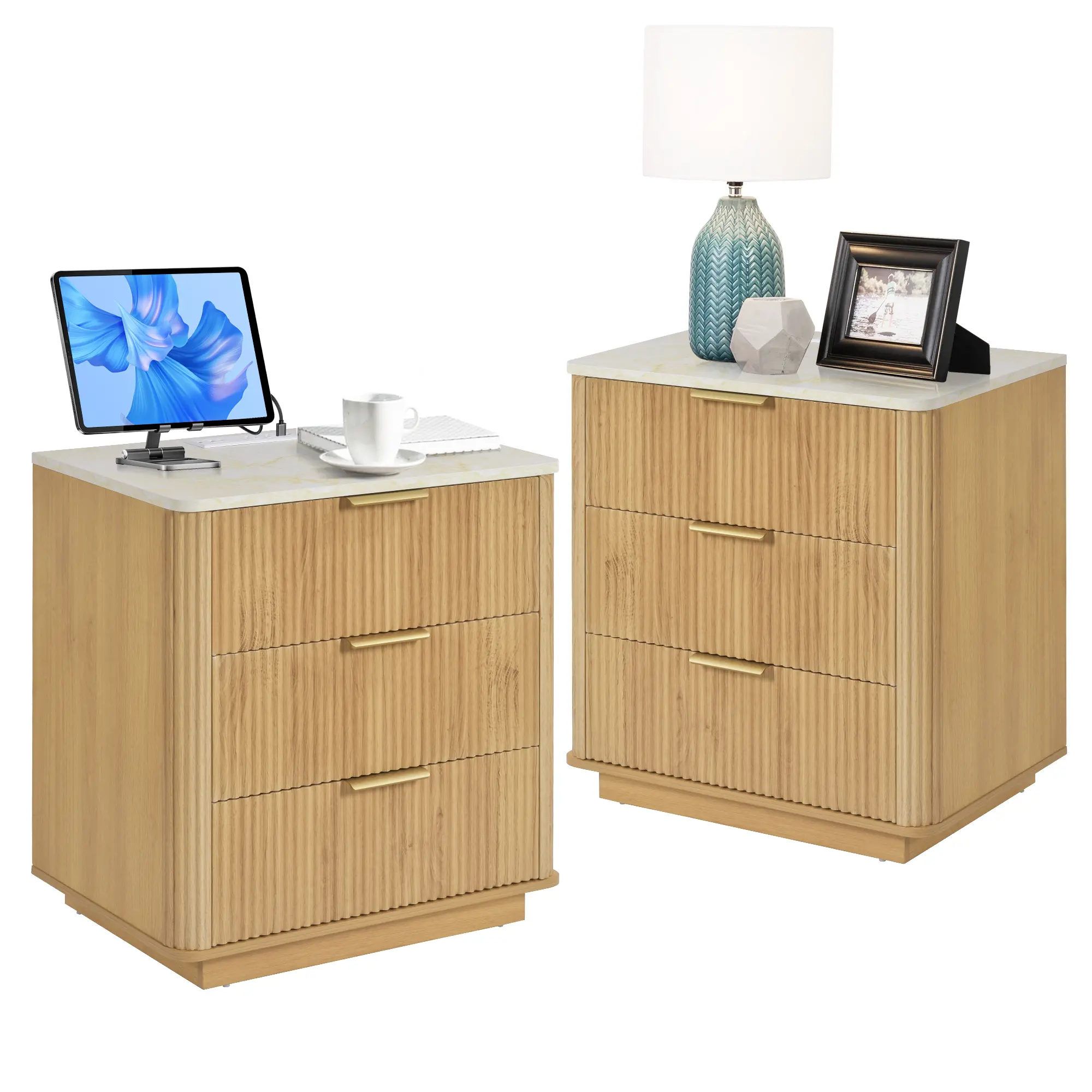 Natural Oak Fluted Nightstand - Wood Bedside Table with Faux Marble Top, Curved Corners, Metal Handle, Charging Station - Modern End Table for Bedroom, Living Room