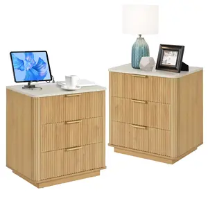 Fluted Nightstand with Charging Station, Wood Bedside Table with Faux Marble-Top, Modern End Table with Curved Corners, Metal Handle, Large Night Stand for Bedroom, Office, Living Room, Natural Oak