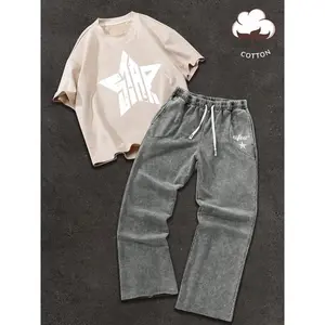 Men’s two-piece set: loose-fit crew-neck T-shirt with star pattern print and washed pants; vintage streetwear casual stylish suit for all seasons; airport outfit; clothing.