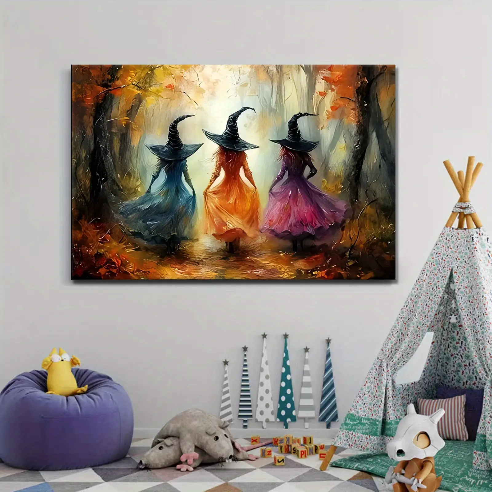 Artistic 1-Piece Wooden Frame Canvas Photo Print Kit - Eco-Friendly Hanging Vintage Gothic Horror Wall Art, 3 Witches in Colorful Robes Autumn Forest, Witchcraft Aesthetic Halloween Decoration Gift (Multi-Size: 40"x28",24"x16",12"x8")