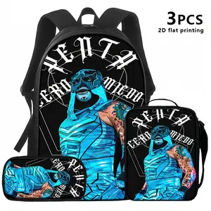Pentagon Jr. Lucha Libre 3-Piece Backpack Set, Blue Masked Wrestler Print School Bag + Lunch Bag + Pencil Case, Oxford Cloth Adjustable Strap Daypack for Fans & Kids
