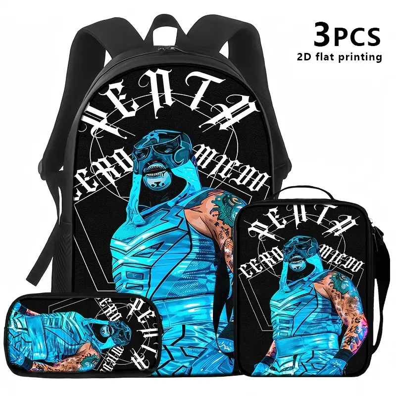 Pentagon Jr. Lucha Libre 3-Piece Backpack Set, Blue Masked Wrestler Print School Bag + Lunch Bag + Pencil Case, Oxford Cloth Adjustable Strap Daypack for Fans & Kids