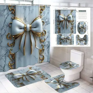 1/4pcs Marble Pattern Light Blue White Bathroom Set, Bathroom Decoration Accessories - 3D Gold Bow Aesthetic Shower Curtain, Toilet Seat Cover, 2 Coordinating Bath Mats with Gold Filigree - Decor for Festive Easter, Mother's Day, Christmas