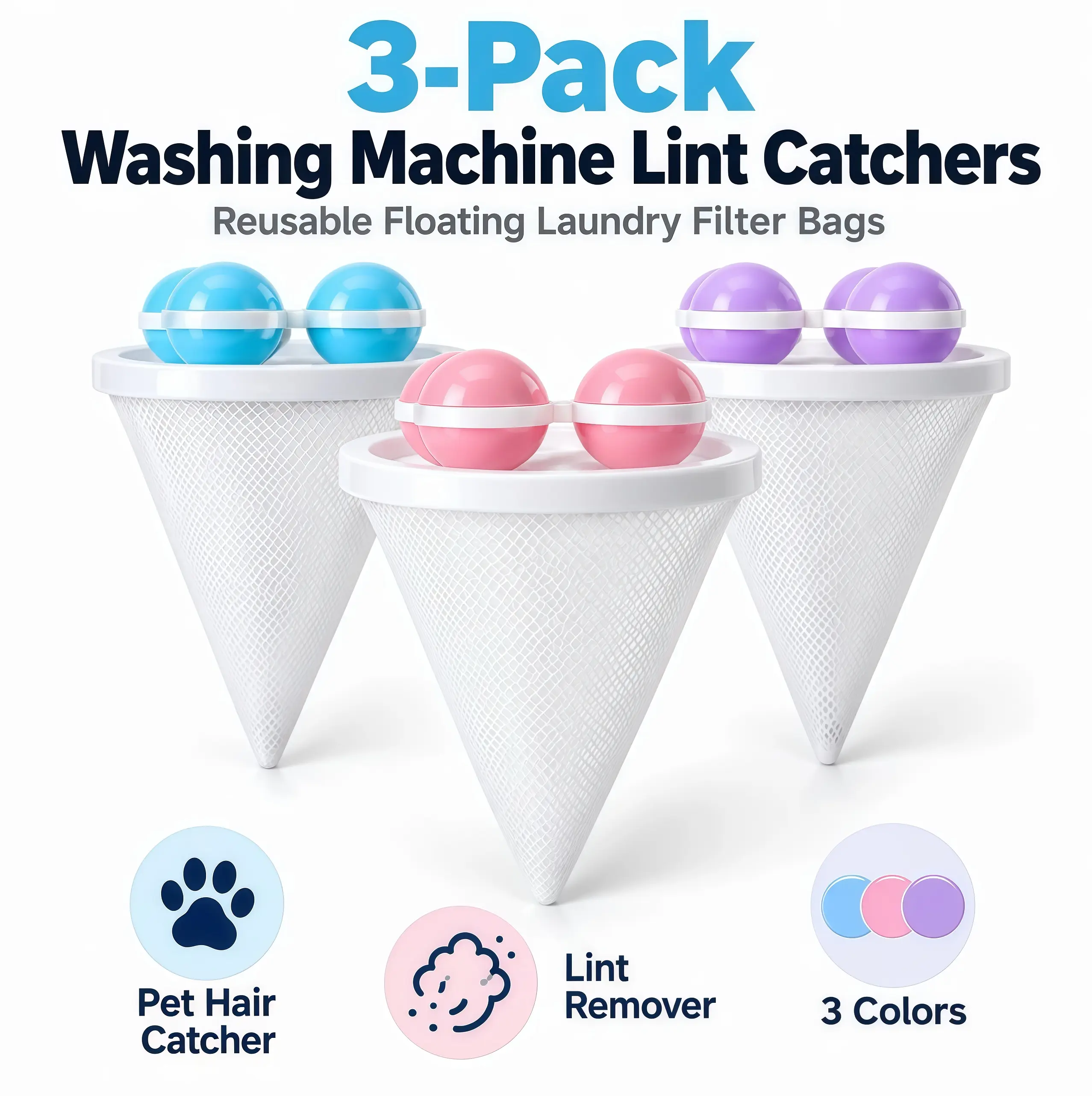3-Pack Eco-Friendly Reusable Cotton Mesh Floating Hair Washing Machine Filter Bag Set - Durable Anti-Tangle Guard Ball Gyro Accessories, Cost-Effective Home Goods Household Items Laundry Tools for Families' Daily Dirt Removal & Antibacterial Filtration
