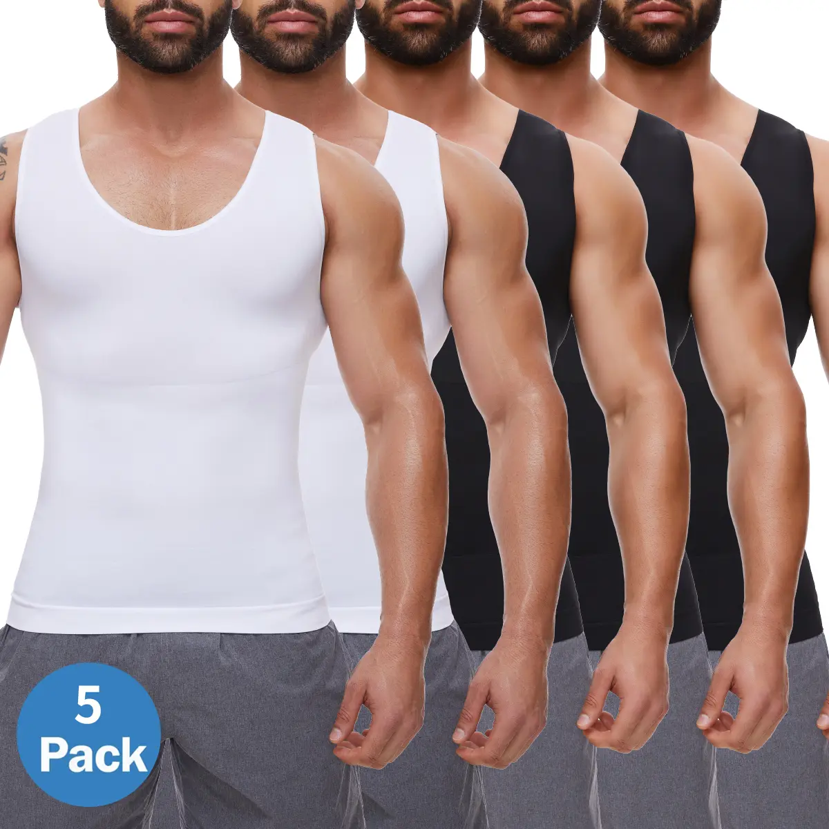 Men's 5-Pack Compression Tank Top Body Shaper Vest, Tummy Control, Stretchy Lightweight Polyester Fabric, Breathable Soft Plain Undershirt Underwear for Workout Menswear Shapewear