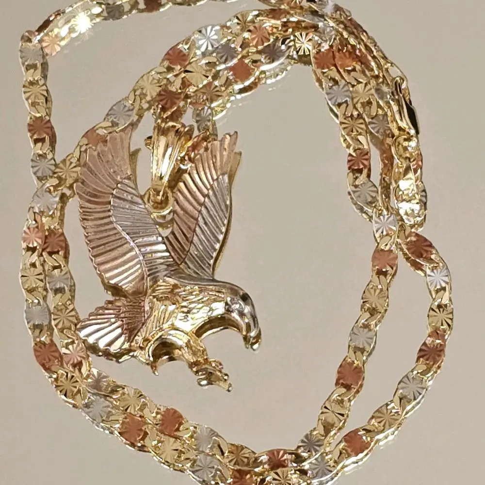 N6-Tricolor Eagle Necklace 1.3 by 1 Inch with 4mm 24-Inch Diamond Cut Diamonds, Made of Copper & Plated with 14-Karat Gold Not a water resistant