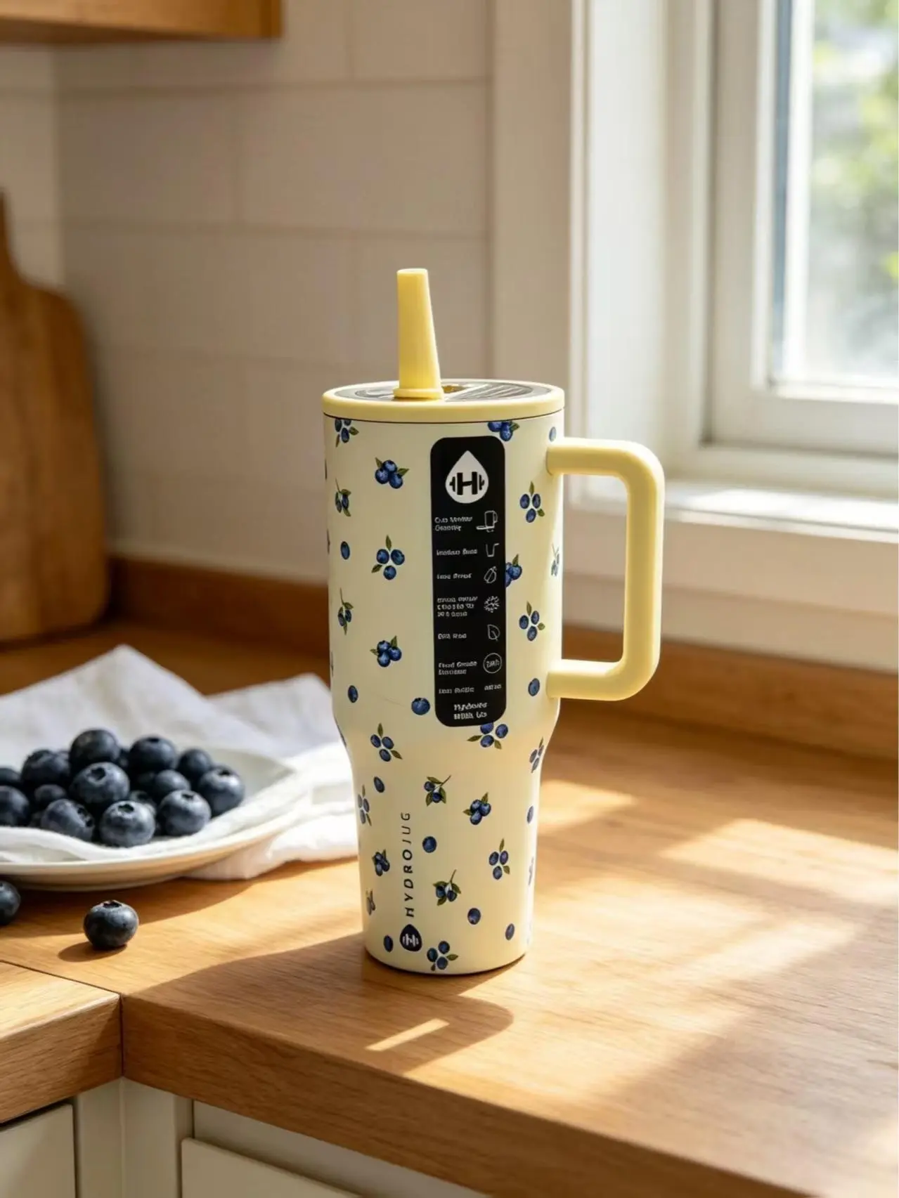 HydroJug 40 oz insulated cup, cream blueberry pattern stainless steel travel cup with handle and straw, leak-proof water bottle, 24-hour refrigerated function, suitable for bedroom and day portable water bottle