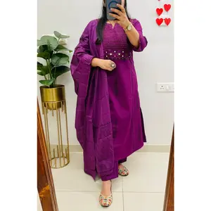 Elegant Deep Purple Mirror-Work & Block-Print Indian Suit Set