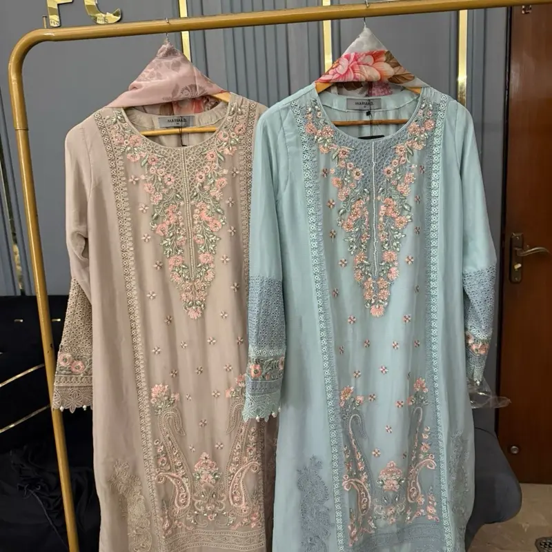 Maria B Inspired Chiffon Suit Very long Length 48+ inch. Please check the length before ordering. M Body Size 42 Inch  L Body Size 44-46 Inch  Shirt material: Chiffon  Pant and Dupatta: Silk
