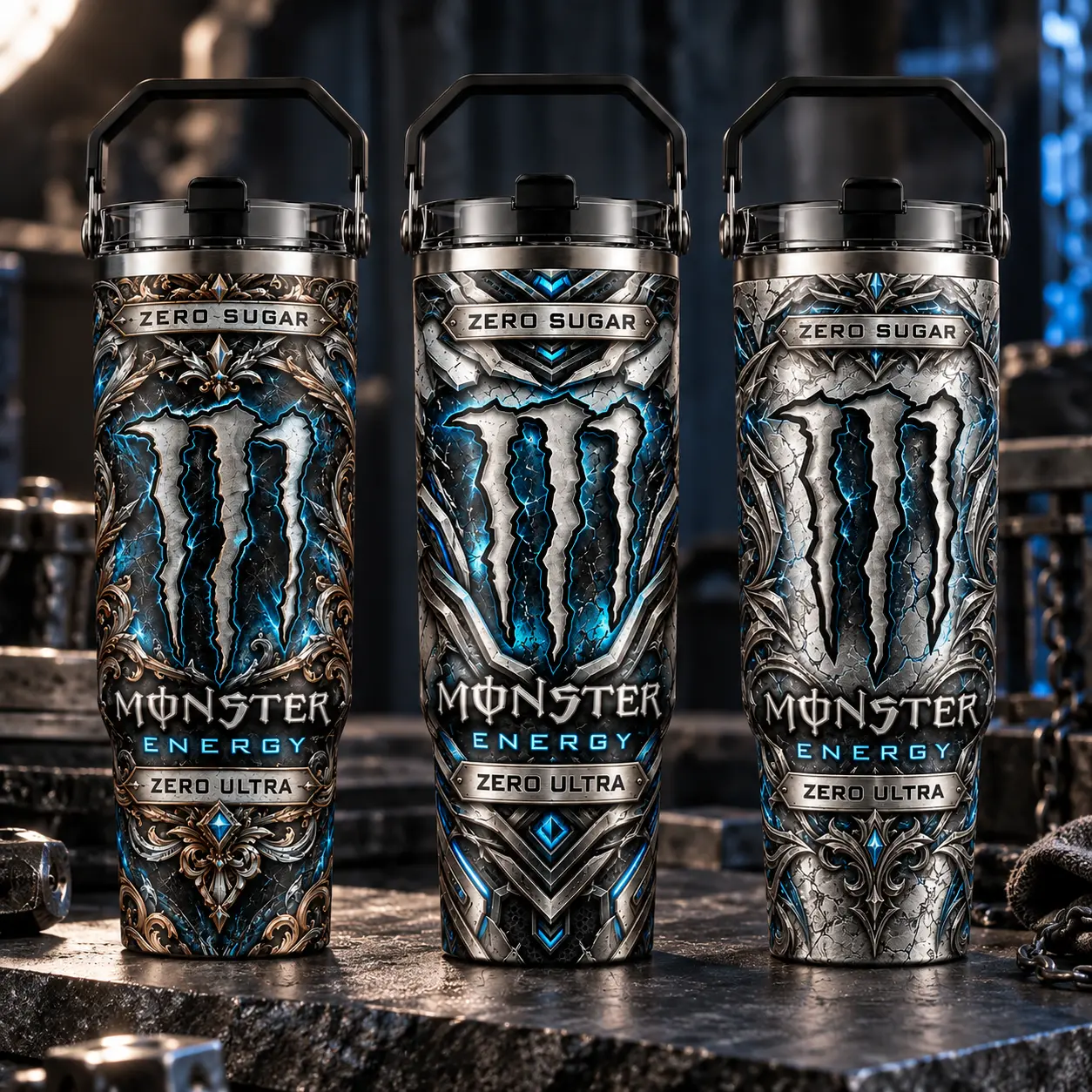 Blue Voltage Zero Energy Drink Editions 40oz with handle/ 30oz/ 20oz Skinny Tumbler | Blue Silver Gothic Armor Insulated Travel Cup | Stainless Steel Travel Cup | Gift for Energy Drink Fans