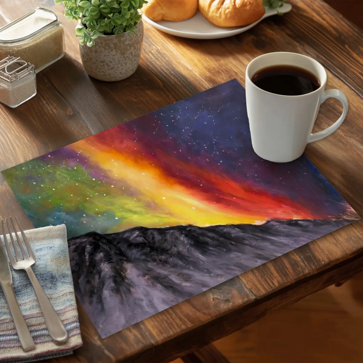 360 stand Rectangular Tableware Placemat, 14x18 in, Aesthetic Aurora Borealis Mountain Scene Design, Blue Kitchenware, Surface-Protecting Coasters Home Decor - CPPM1418RQ69ZL, Dreamy, Relaxation