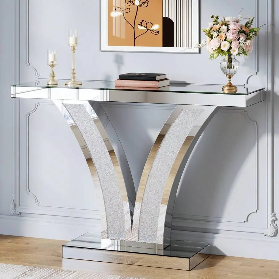Mirrored Console Table, Modern Sliver Entryway Sofa Table With Crystal Inlay Frames For Living Room, Hallway, Foyer Marble Dining Mobile Standing Desk Wheels