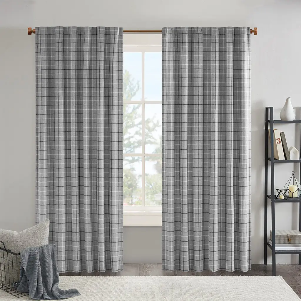 Grey Plaid Fleece-Lined Curtain Panel, 50x95 Inches, Rod Pocket & Back Tab, Thermal Insulated, Noise Reducing, Light Blocking, Energy Efficient Window Drapes for Living Room, Bedroom