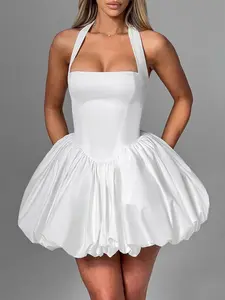 This Satin Halter Neck Dress is Ready Corset Puff Skirt Mini Party Dress