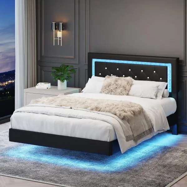 Bellemave Upholstered Floating Platform Bed Frame with Diamond Tufted Headboard and LED Lights, No Box Spring Required Elegant Bedroom Decor