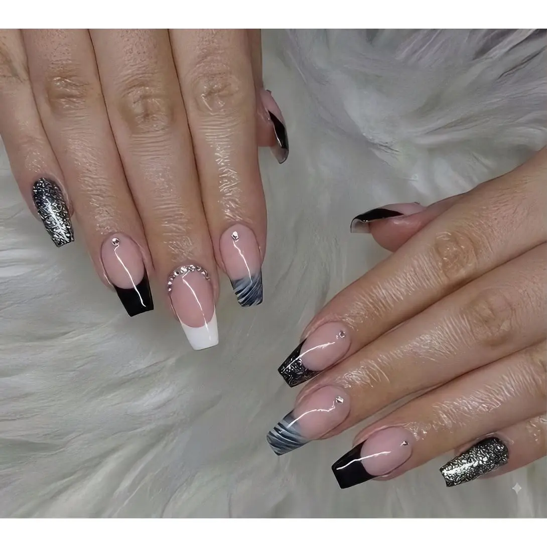 Elegant Black and Silver Glitter Nails with Rhinestones and Gradient Design for a Chic Look