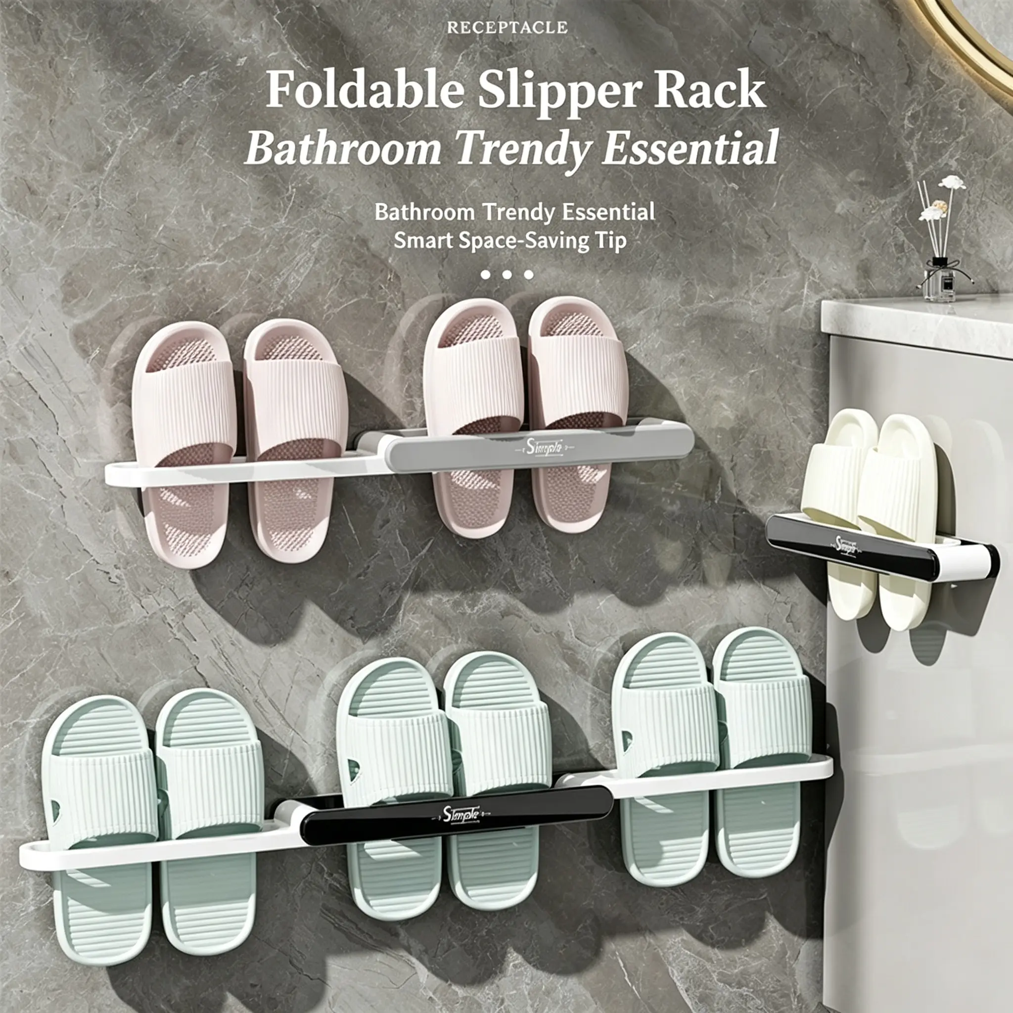 3-in-1 Foldable Wall-Mounted Shoe Rack, Adhesive No-Drill Slipper Organizer for Closet, Bathroom, or Living Room Doors