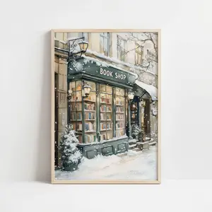 Winter Book Shop New York Wall Art, Reading Nook Print, Bookish Christmas Decor, Book Store Printable Art, Book Lover Gift Unframed, Room Decor