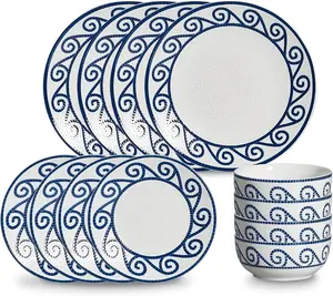 12- Dinnerware Set for 4, Stoneware Kitchen Plates & Bowls Set, Coastal Dinnerware Sets, Microwave & Dishwasher Safe Scratch Resistant,  Dishware Set for Everyday Use & Family Meals