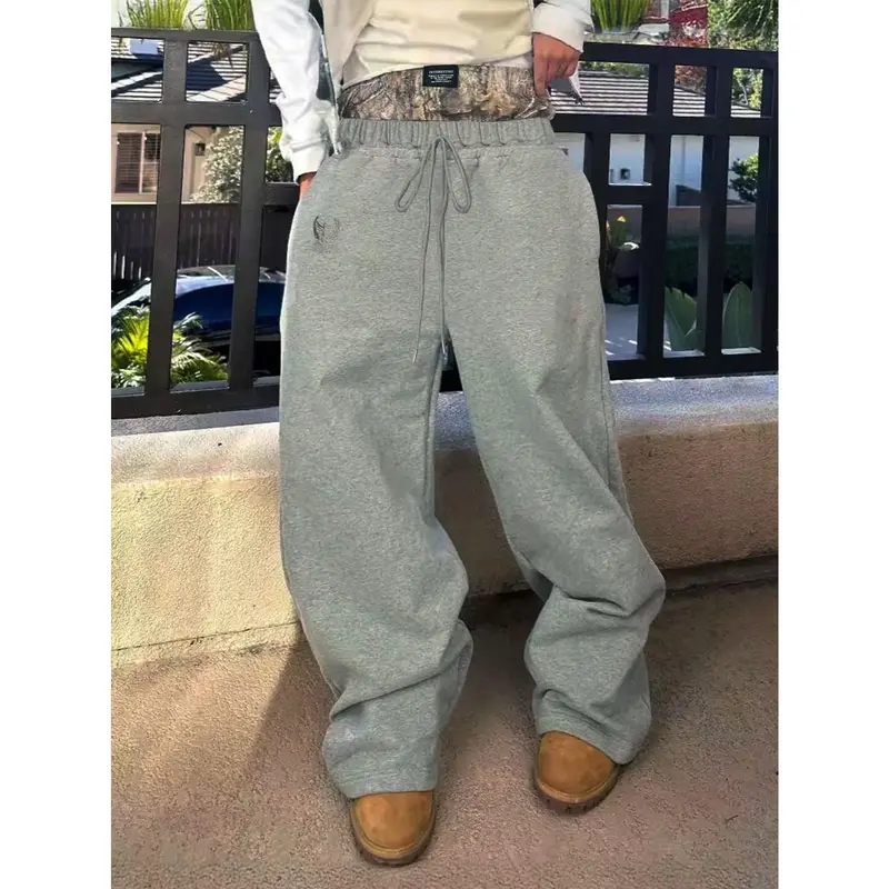 【No Pockets】Baggy Pants Camo Double Drawstring Waist Sweatpants Wide Leg Hip Pop Track Trousers