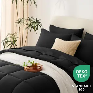 Full Size Comforter Sets - 7 a Bag Black Full, Complete Sets for with Comforter, Flat, Sheet, Pillowcases  Shams