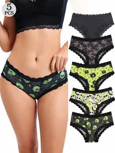 5-Pack Sexy Cute Gothic Contrast Lace Hipster Panties, & & Skulls & Bats & Cups, All over Print, Comfy Silky Intimates, Underwear, Casual Underwear Brief