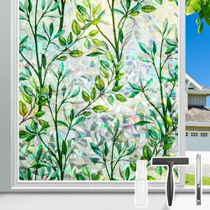 Window Privacy Film, Leaf Rainbow Window Film Decorative Stained Glass Window Film, Anti-UV Sun Blocker Heat Control for Home, 17.5 Inch x 6.5 Feet