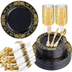350PCS Black and Gold - Gold Disposable Dinnerware Set Include 50 Dinner, 50 Dessert, 150 Gold Silverware, 50, 50 Cups for Wedding &