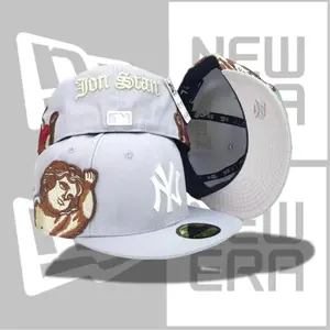New Era New York Yankees 59FIFTY Fitted Cap – Grey “Jon Stan” Script, Angel Graphic Embroidery, Unique Streetwear MLB Hat, Flat Brim Premium Unisex Cap