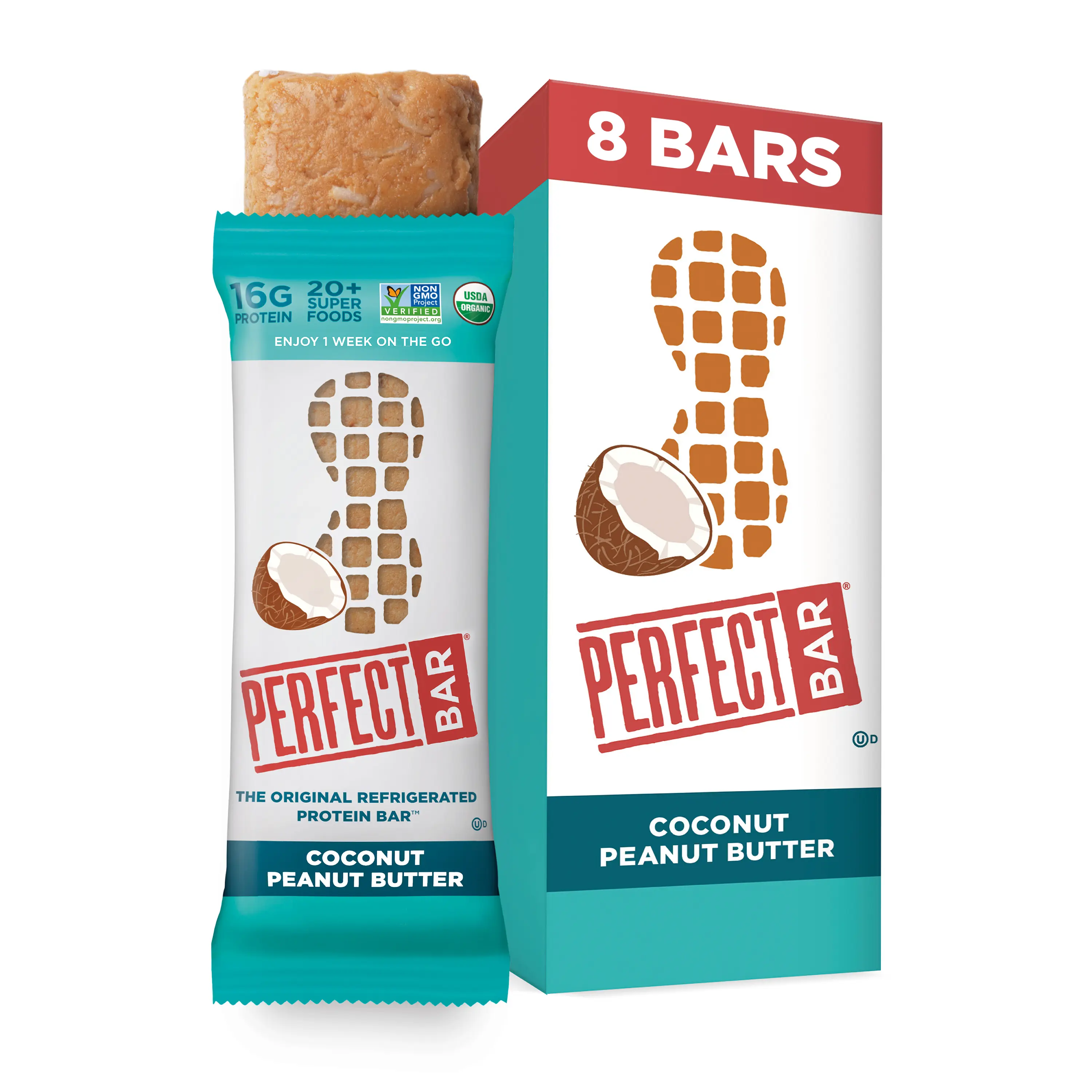 Perfect Bar Coconut Peanut Butter Protein Bar - Certified Organic, Non-GMO, Organic Honey, No Sugar Alcohols, 2.5 Ounce Bar, 8 Count, 16g Protein, Gluten-Free & Soy-Free