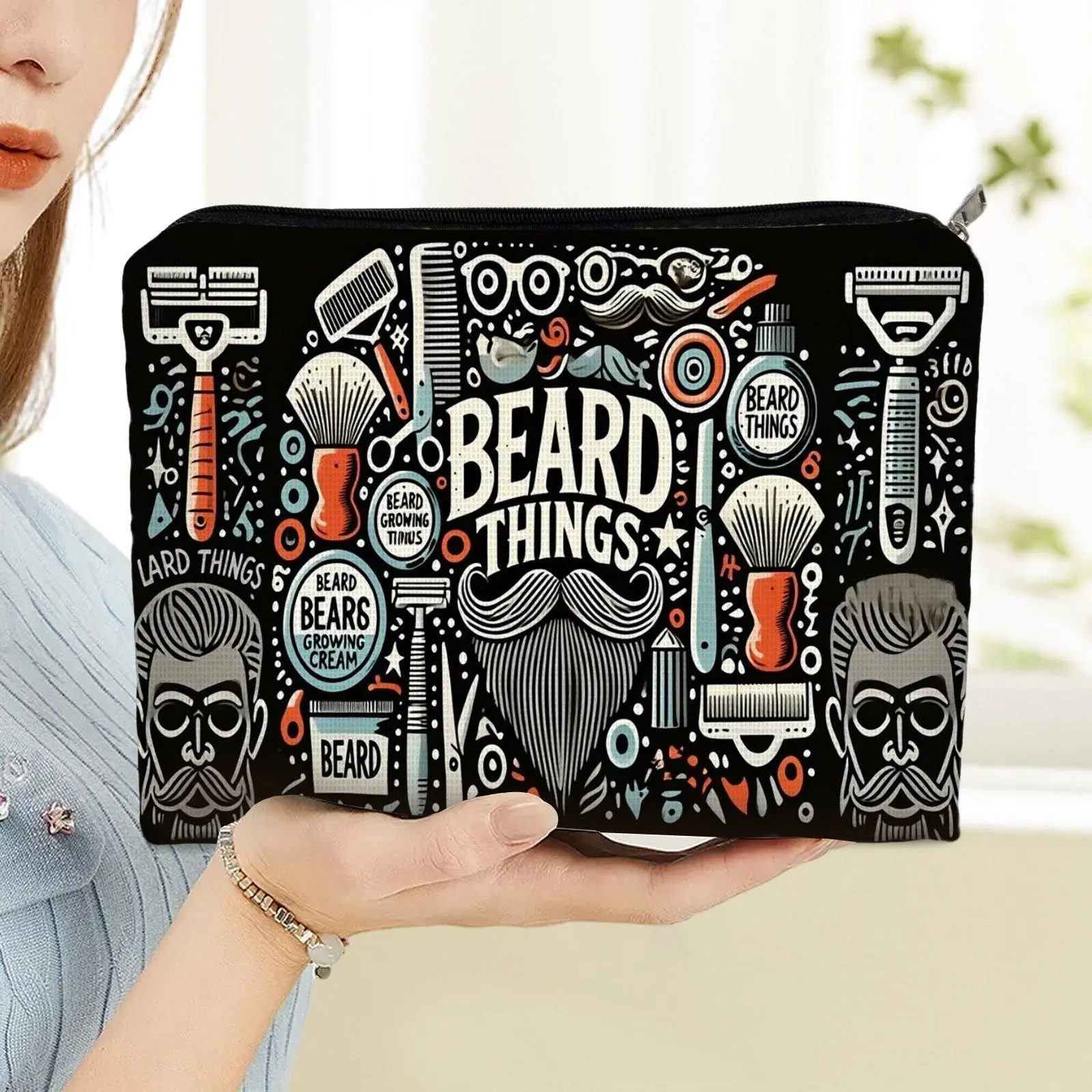 1pc Double-Sided Beard-Themed Cosmetic Bag/5.9in*8.66in/Polyester Material/Retro Playful Grooming-Related Graphic Design/Ideal for Men's Daily Grooming, Travel & Storage/Stylish & Durable Makeup Organizer
