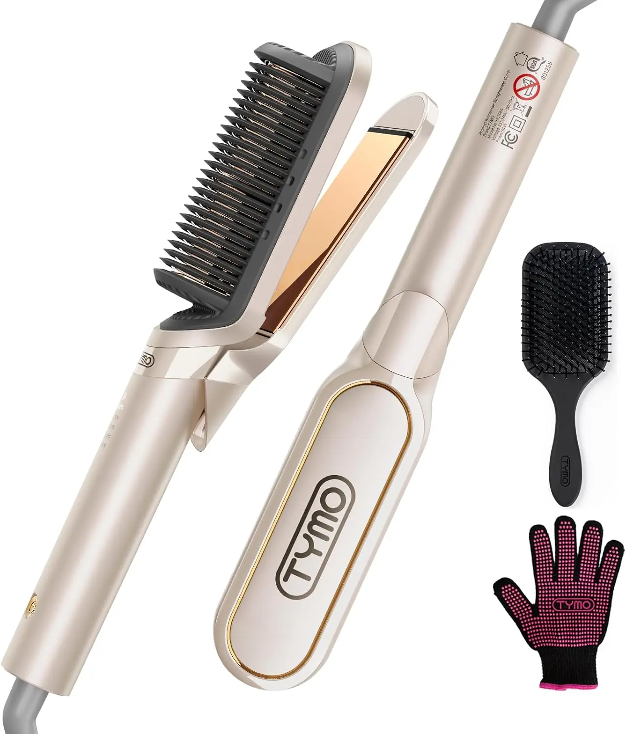TYMO Flat Iron Hair Straightener Brush 2 in 1, 200M Ions Ceramic Hot Comb Hair Straighteners for Women, Hair Iron for Anti-Frizz Straights, Waves, Curl, 3X Less Heat Damage, Dual Voltage, Gold
