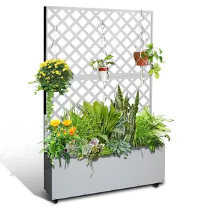 【GARVEE】Metal Planter Box with Trellis, Raised Garden Bed with Trellis & Wheels, 73"x47"x12" Planter Box with Privacy Screen and Drainage Holes for Climbing Plants, Flower, White