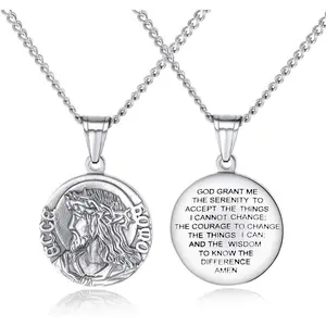 Jesus Bible Verse Gold Necklace for Mens with 21.6" Chain Christian Jewelry Stainless Steel Personality Prayer English Engraved Coin Disc Medal Pendant