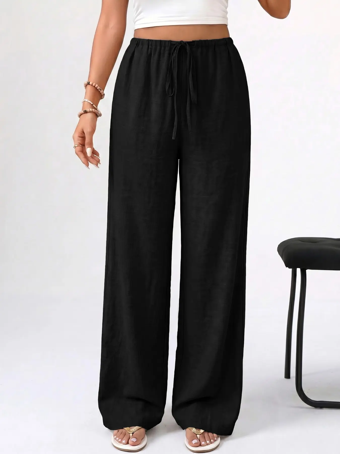 2026 Summer Drawstring Elastic Waist Wide Leg, Casual Minimalist Pants, Oversized Pants, High Waist Loose Fit Breathable Palazzo Trousers for Women, Lightweight Beach Vacation Streetwear, Non-See-Through Comfy Daily Wear Pants