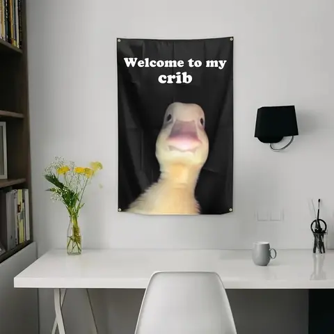 Welcome To My Crib Letter & Goose Pattern Backdrop, 1 Count Funny Goose Design Backdrop with Copper Ring, Decorative Banner for Home Party & Outdoor Decorating, Room Decor Banner, Wall Decor Banner
