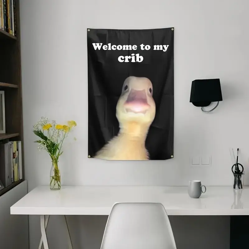Welcome To My Crib Letter & Goose Pattern Backdrop, 1 Count Funny Goose Design Backdrop with Copper Ring, Decorative Banner for Home Party & Outdoor Decorating, Room Decor Banner, Wall Decor Banner