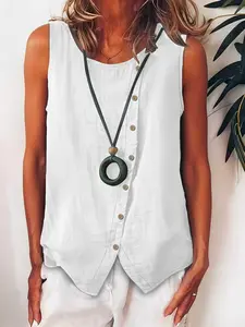 Summer Women's Casual Fit Sleeveless Basic Fashion Tank Top, Asymmetric Button Front Round Neck Linen Shirt, Perfect for Outdoor Leisure Wear 8008