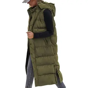 Long down vest women's quilted hooded button zipper sleeveless vest jacket with padding jacket autumn and winter coat women's modal