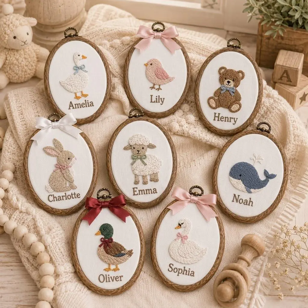 [Made-to-Order] Custom Scalloped Border Names Embroidered Ornament, Custom Name Sign, Embroidered Hoop Gift for Girls