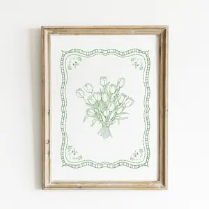Vintage Tulip Illustration Print, Wall Art, Trendy Decor, Abstract Vintage Painting, Green and White, Vintage Botanical