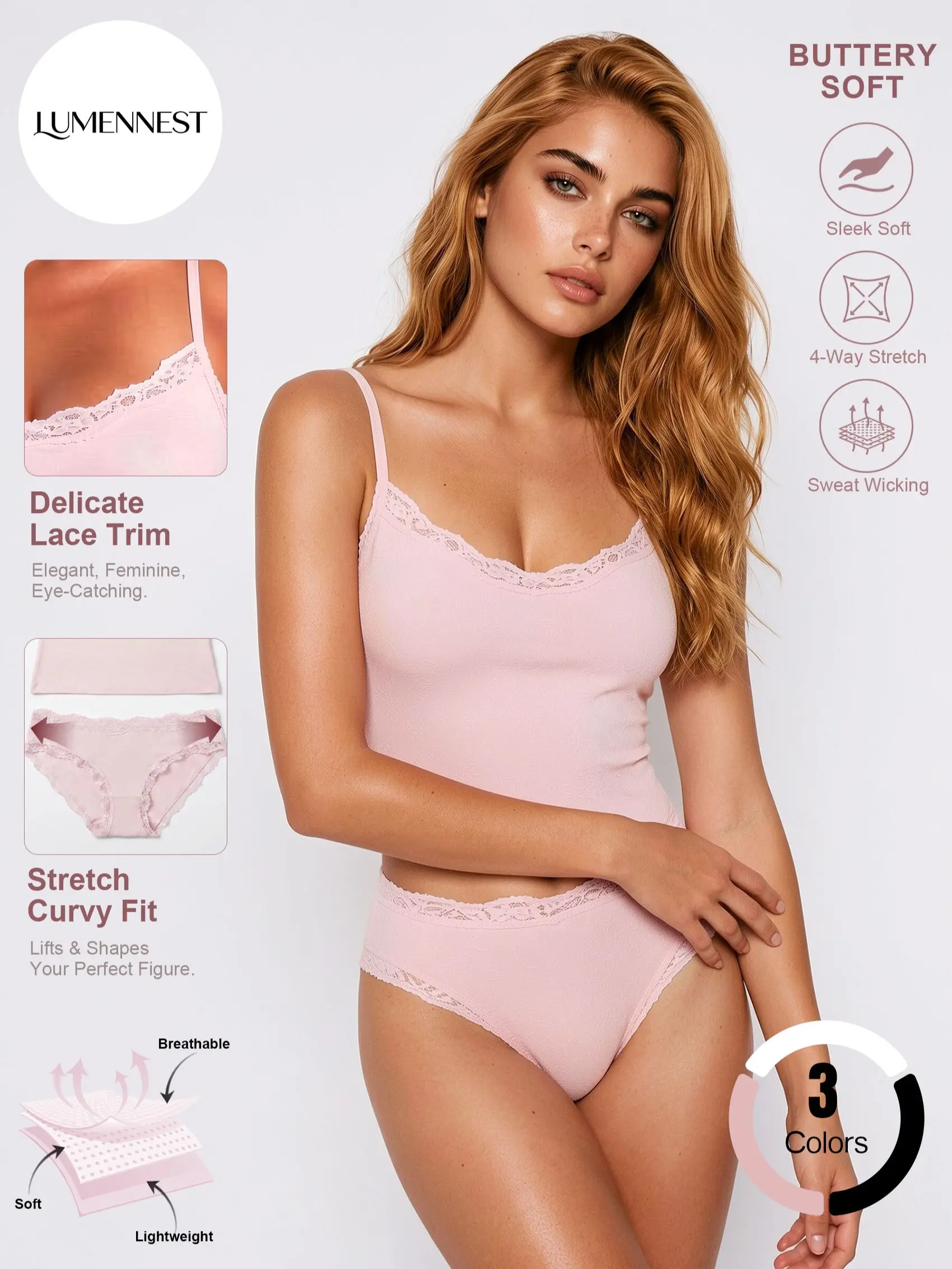 LUMENNEST  Women's Basic Solid Color Lace Trim Camisole & Briefs Matching Set, Lightweight High Stretch Thin Strap Flattering Two Piece Sets, Breathable Sweat-Wicking Summer Co-ord #TikTokMadeMeBuyIt #Athleisure #CoolTouch
